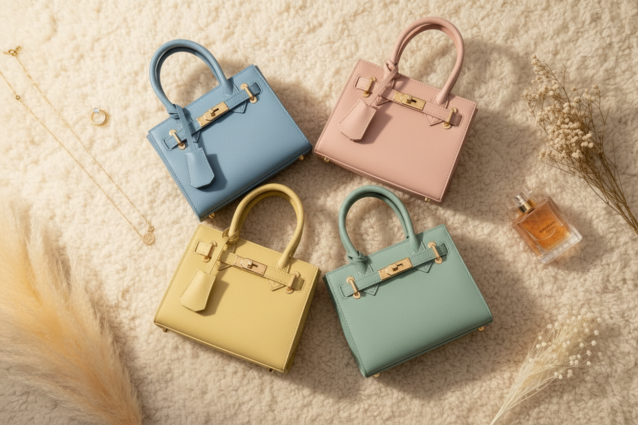 Flat lay sacs Velmora avec sac vert