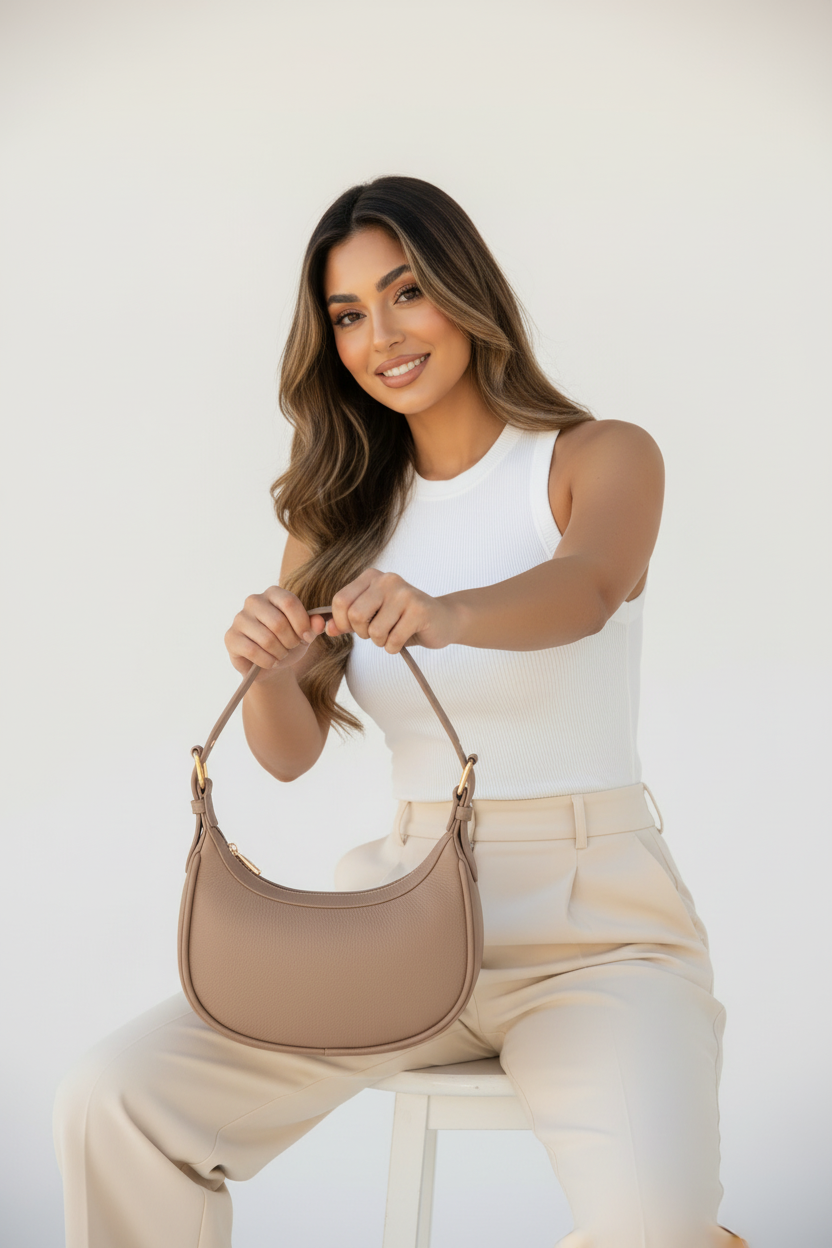 Nouvelle pose : assise, sac taupe présenté à deux mains