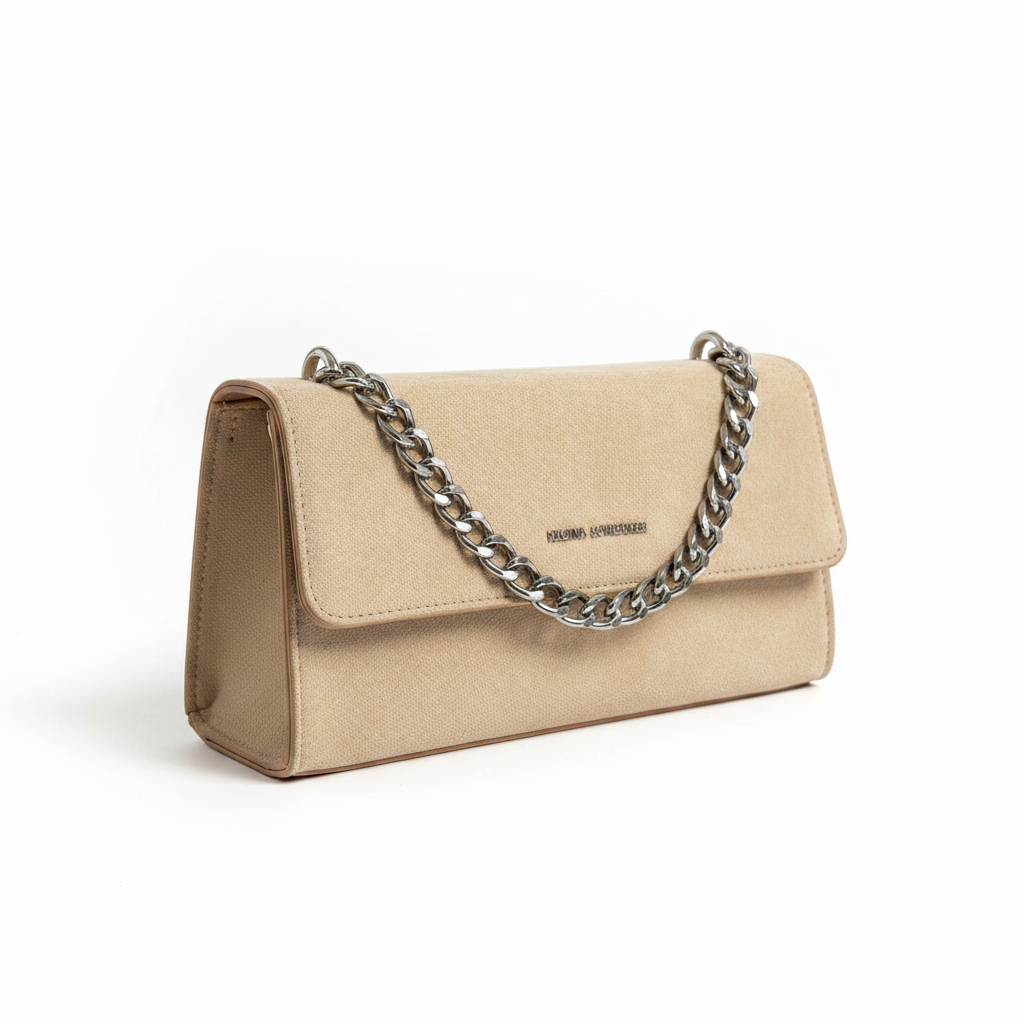 Regina Schrecker – Clutch Beige Suède Chaîne Argent Fond Blanc